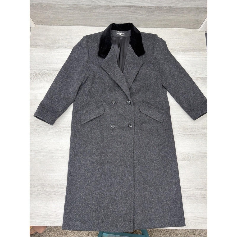 Loring Women's Gray 80% Wool Long Double Breasted Trench Coat Velvet Collar 16
